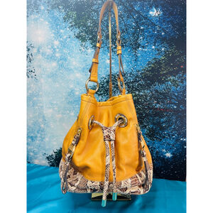 B Makowsky Tan Leather Bucket Bag Alligator Trim & Leopard Lining Ex Condition